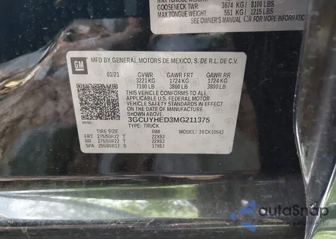 2021 Chevrolet Silverado 1500 4Wd Short Bed High Country из США, поврежденный, VIN 3GCUYHED3MG211375